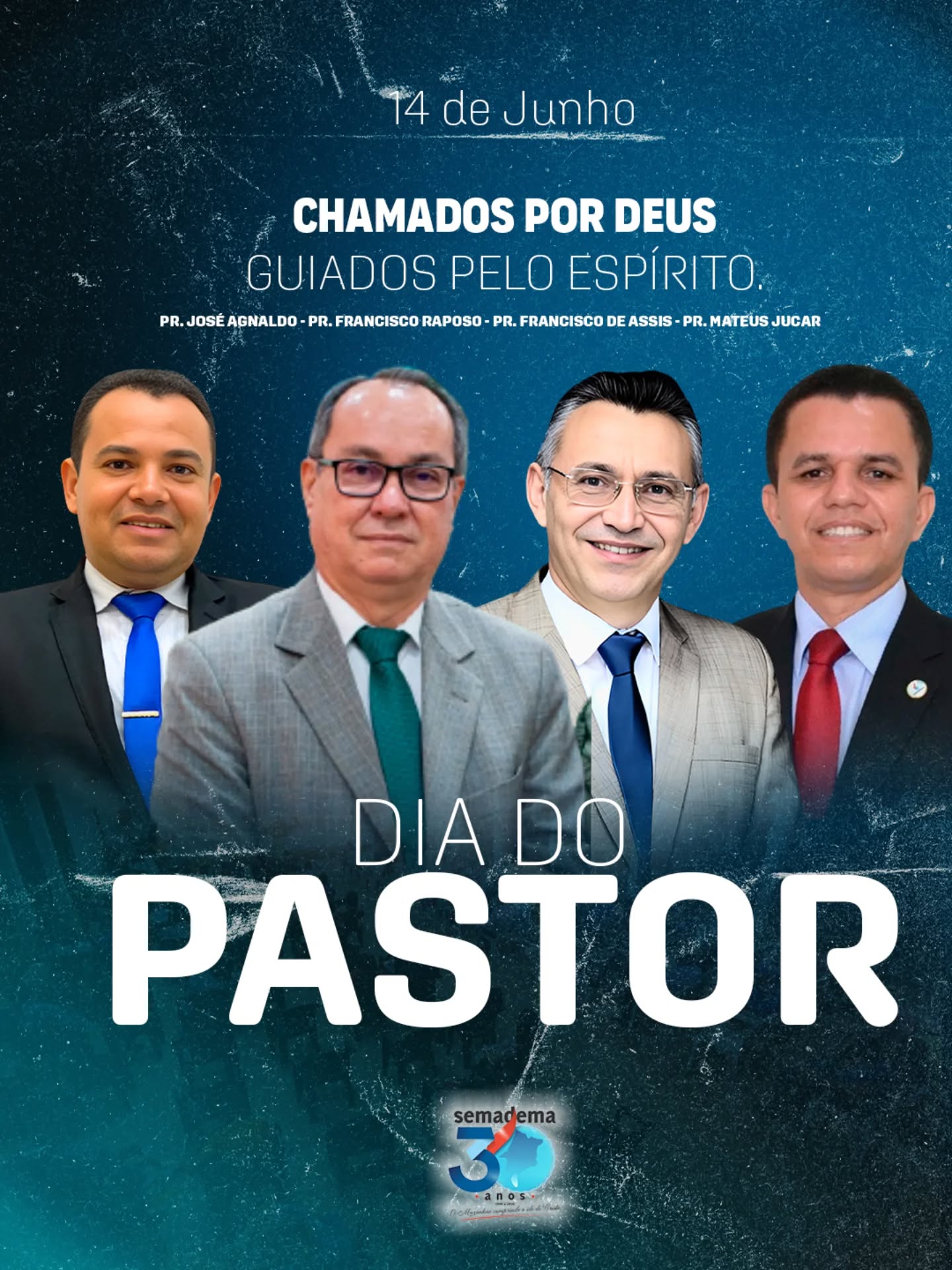 🎉 DIA DO PASTOR | 14 DE JUNHO 🎉

Hoje celebramos homens de Deus que atenderam ao chamado divino e têm dedicado suas vidas ao cuidado do rebanho, à pregação da Palavra e ao avanço do Reino de Deus.

🙏 Nossa gratidão aos pastores que, com amor, dedicação e dependência do Espírito Santo, têm sido instrumentos para conduzir vidas ao encontro de Cristo.

"Chamados por Deus, guiados pelo Espírito."

A SEMADEMA homenageia todos os pastores e, de forma especial, os que servem com excelência na obra missionária, inspirando a Igreja a cumprir a Grande Comissão.

Que o Senhor continue fortalecendo, capacitando e abençoando cada pastor em sua nobre missão.

📖 "E vos darei pastores segundo o meu coração, que vos apascentem com ciência e com inteligência." (Jeremias 3:15)

#DiaDoPastor #Pastor #ChamadosPorDeus