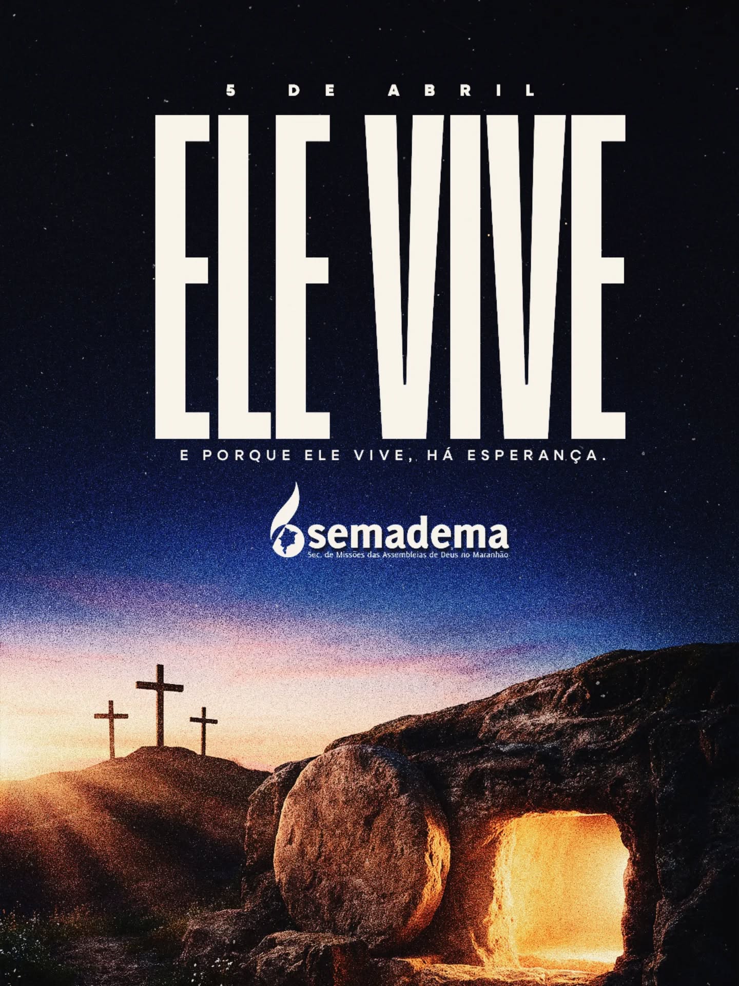 ✨🙏 MENSAGEM DE PÁSCOA DA SEMADEMA

A Páscoa nos lembra do maior ato de amor da história: Jesus Cristo morreu, mas ressuscitou, vencendo a morte e nos dando vida eterna!

Que esta data renove em nossos corações a esperança, a fé e o compromisso com a missão, pois Aquele que vive nos chamou para anunciar essa verdade ao mundo.

📖 “Ele não está aqui; ressuscitou, como tinha dito.”(Mateus 28:6)

🌎 Que a mensagem da cruz e da ressurreição continue sendo proclamada em cada lugar, através de vidas comprometidas com o Reino de Deus.

✨Feliz Páscoa! Cristo vive!

#Páscoa #CristoVive #Semadema #Missões #Esperança Ressurreição